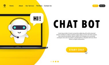 Laptop illüstrasyonunda Chatbot. Online yardımcı robot iniş sayfası şablonu. Diyalog, mesaj. Teknik destek. Web sayfası için. İzole edilmiş beyaz arkaplanda vektör. EPS 10.
