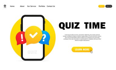 Akıllı telefondan bilgi yarışması. Konsept, cevaplı sorudur. Sınav zamanı. İnternet sitesi. Vektör illüstrasyonu.