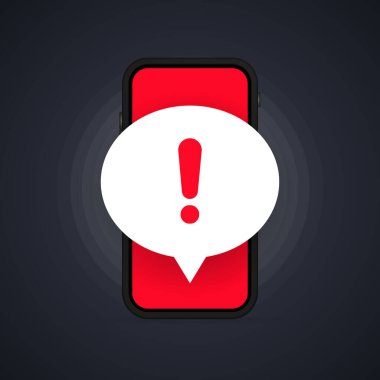 Cep telefonu ekranında spam, güvenli bağlantı, dolandırıcılık ve virüs uyarısı var. Telefon alarmı ve yeni mesaj. Tehlike alarmı, bilgisayar virüsü sorunu. Vektör, resimleme