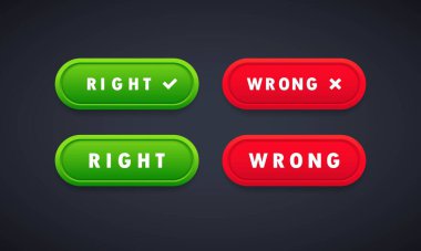 Right and wrong green and red buttons set. UI, UX web elements. Illustration of right or wrong icons. Different variations of ticks and crosses represents confirmation.