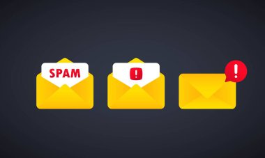 Spam mesajı. E- posta uyarı konsepti. Konserve jambonlu zarf. Mesaj bildirimini uyarın. Tehlike hatası uyarısı. Spam vektör illüstrasyonunu durdur. Virüs problemi