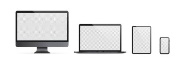 Gerçekçi bilgisayar monitörü, laptop, tablet ve cep telefonu simgesi seti. Karanlık tema.