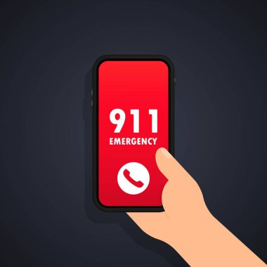 911 'i ara. Acil çağrı konsepti. El ele tutuşan akıllı telefon, parmaklar arama tuşuna basan 911 'i arayın. Vektör düz tasarım. Cep telefonu. Parmak dokunuşu ekranı. İlk yardım. Vektör illüstrasyonu.