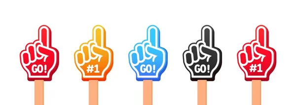 交与Go文字 运动队的球迷 戴着泡沫手指的举起的手 — 图库矢量图片