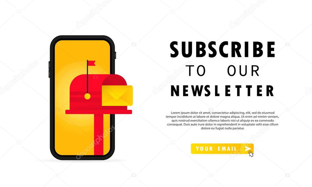 Subscribe to our newsletter banner. UI UX Design form template with text box and subscription button template