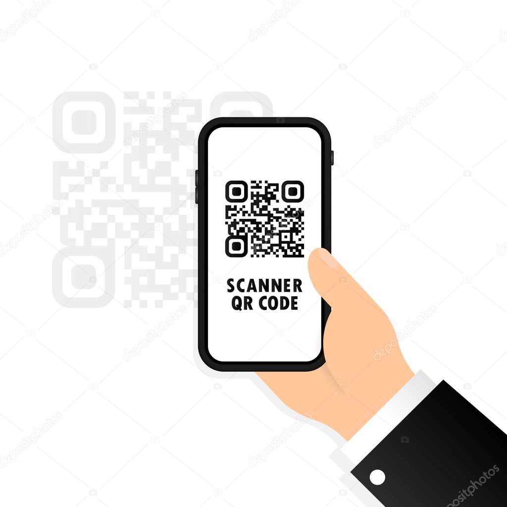 QR scanner icon. Mobile phone in hand scans QR code. Scan the qrcode using a mobile phone. Capture the qr code on your mobile phone. For digital payment concept.