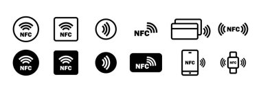 NFC simgesi seti. Kablosuz ödeme. Temassız nakitsiz toplum simgesi. İzole edilmiş beyaz arkaplanda vektör. EPS 10