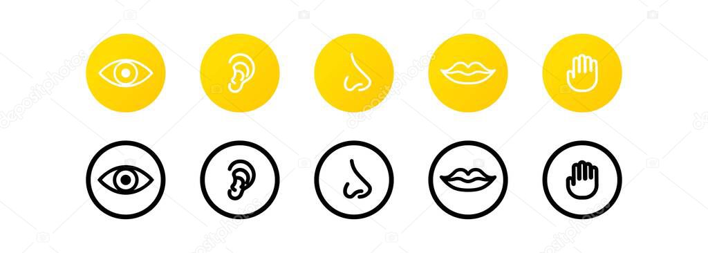 Five human senses icon set. Eye, nose, ear, hand, mouth with tongue sign. Sight, smell, hearing touch taste concept