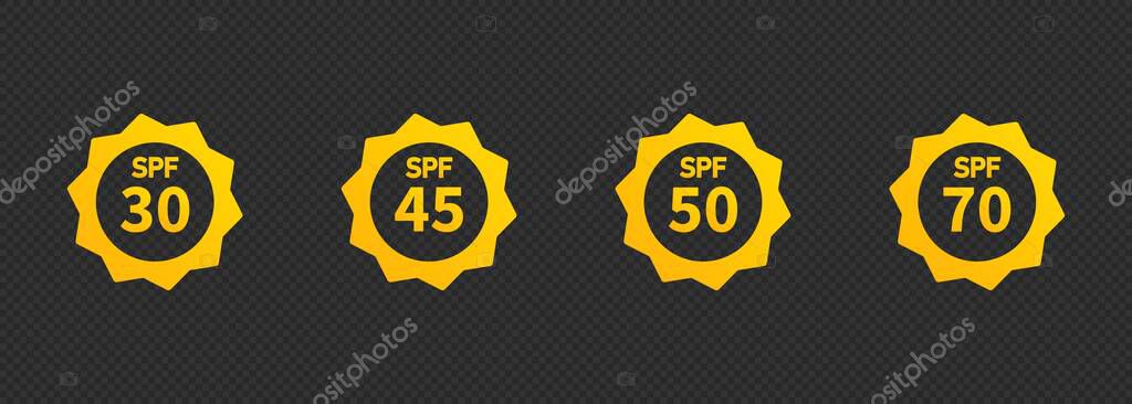 Set of SPF sun protection icons, labels or stickers. Icons for sunscreen or tan products and skin cosmetics. Vector on isolated white background. EPS 10