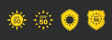 Güneş kremi paketleme için basit düz SPF güneş koruma simgeleri seti. Deri için ultraviyole koruma. Güneş kremi ürünleri veya diğer cilt kozmetikleri için simgeler.