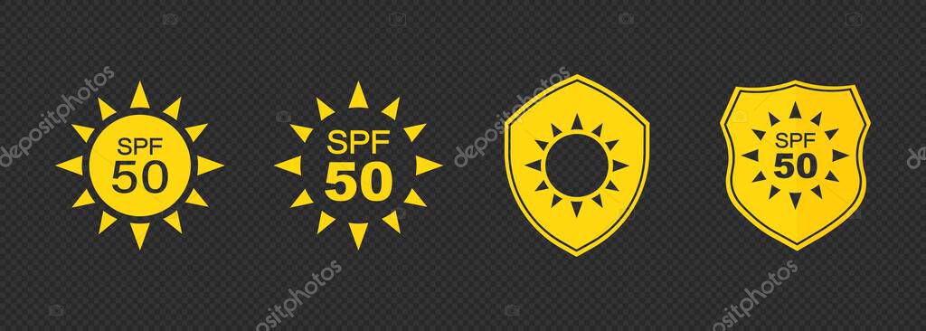 Set of simple flat SPF sun protection icons for sunscreen packaging. UV protection for skin. Icons for sunscreen products or other skin cosmetics.