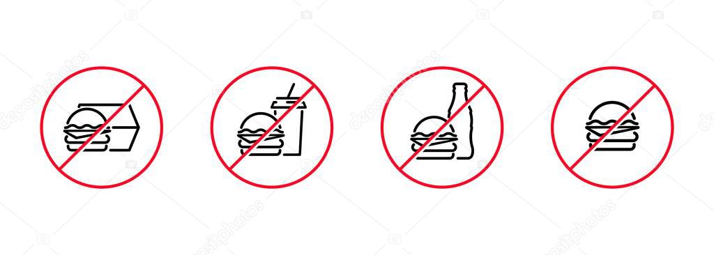 No fast food sign or no eating icon flat in black and red. Forbidden symbol simple on isolated white background. EPS 10 vector