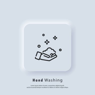El yıkama ikonu. Ellerini sabun resmiyle yıka. Sağlık hizmeti konsepti. Sağlık hizmetleri ellerini durulama suyu, musluk, sabun emniyeti ile yıkıyor. Vektör. Kullanıcı simgesi. Nörofik UI UX beyaz kullanıcı arayüzü web düğmesi.