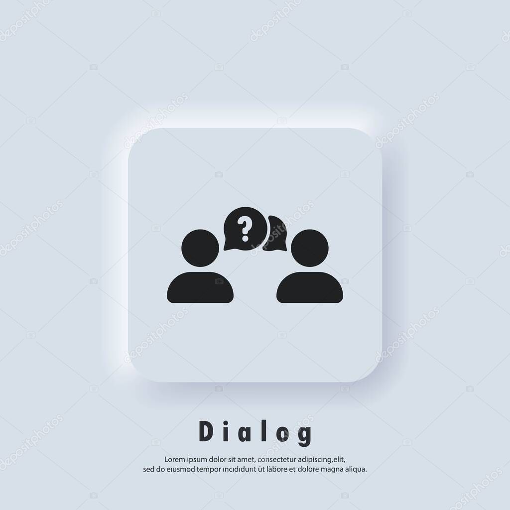 Chat icon. Dialog icon. Ask icon faq. People talking icon. Help with people and question mark and bubble. Speaking of people. Vector. Neumorphic UI UX white user interface web button.