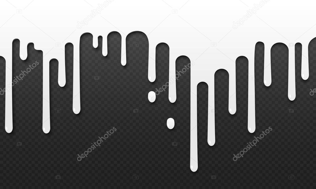 Paint white dripping. Dripping milk drops, melted white liquid yoghurt. Isolated on transparent background. Vector illustration EPS 10