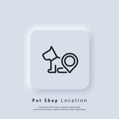 Hayvan merkezi, veteriner kliniği logosu. Evcil hayvan dükkanı konumu simgesi. Belirli bir konuma sahip bir hayvan. Köpek burada, harita işaretleyici. Vektör EPS 10. Kullanıcı simgesi. Neumorfik UI UX beyaz kullanıcı arayüzü web düğmesi. Neumorfizm