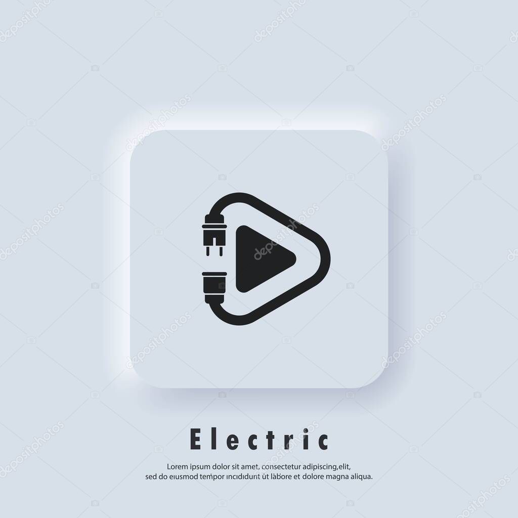 Electric Play icon. Plug. Power cord. Technology icons. Vector EPS 10. UI icon. Neumorphic UI UX white user interface web button. Neumorphism