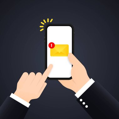 Cep telefonunda yeni bir e-posta bildirimi, akıllı telefon ekranı. El ekranında zarf olan bir cep telefonu tutuyor. İzole edilmiş arkaplanda vektör. EPS 10