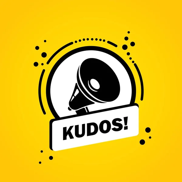 Kudos konuşma baloncuğu pankartlı megafon. Hoparlör. İş, pazarlama ve reklam için etiket. İzole edilmiş arkaplanda vektör. EPS 10.