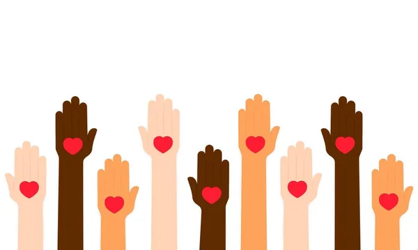 Levantado Mãos Humanas Com Corações Vermelhos Ilustração Conceito Voluntariado Doação —  Vetores de Stock