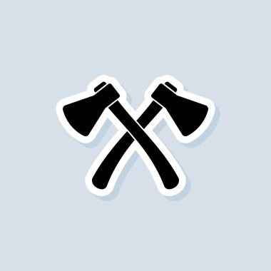 Oduncu Baltaların çapraz yapıştırması. Ahşap işleri, tamirci etiketleri, rozetler, amblemler. Çapraz eksen logosu. Balta silueti. İki çapraz balta kamp ekipmanı. İzole edilmiş beyaz arkaplanda vektör. EPS 10.