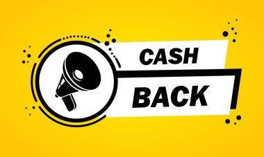 Cash 'in konuşma baloncuğu afişiyle megafon. Hoparlör. İş, pazarlama ve reklam için etiket. İzole edilmiş arkaplanda vektör. EPS 10.