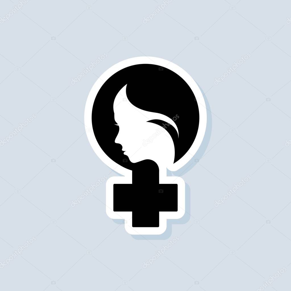 Feminist sticker. Female woman feminism sign. Protest hand with woman face. Vector on isolated white background. EPS 10.