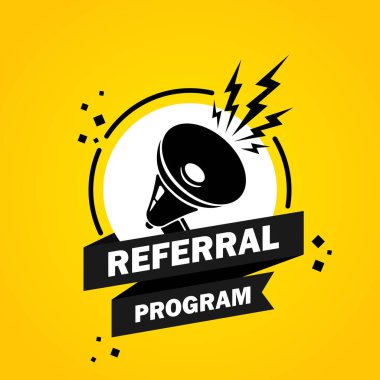 Yönlendirme programının konuşma balonu pankartlı megafonu. Hoparlör. İş, pazarlama ve reklam için etiket. İzole edilmiş arkaplanda vektör. EPS 10.