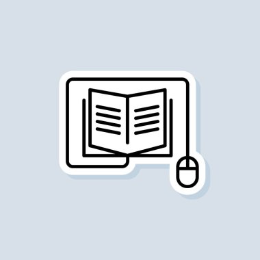 Uzaktan eğitim, e-kitap logosu, simge, çıkartma. Vektör. Çevrimiçi eğitim ya da uzaktan sınav pankartı. Evde e-öğrenim, çevrimiçi çalışma. İzole edilmiş arkaplanda vektör. EPS 10