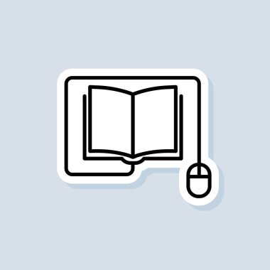 Çevrimiçi eğitim logosu, simge, çıkartma. Vektör. Evden e-öğrenme, internetten uzaktan eğitim, e-kitaplar. Uzaklık sınavı afişi. İzole edilmiş arkaplanda vektör. EPS 10.