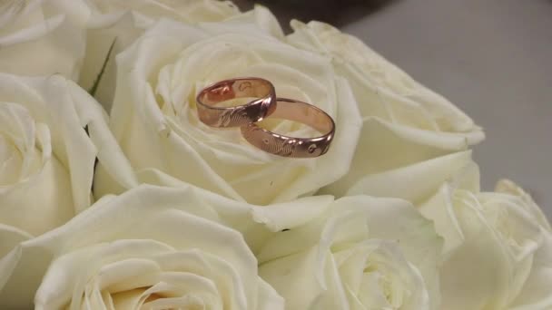 Svatba zlaté prsteny na květy růží, letní venkovní — Stock video