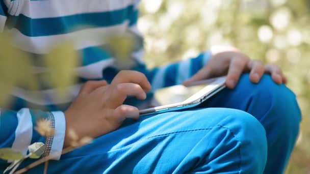 Kisfiú játszik egy tabletta szabadtéri, nyári — Stock videók