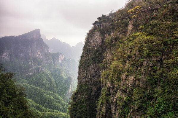 Tianmen mountain viewpoint from cliff hanging walkway. tianmen mountain is located in zhangjiajie, china.