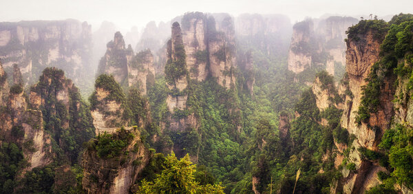 Yuanjiajie scenic area in zhangjiajie landscape views. Tall obelisk like rocks with deep valleys.