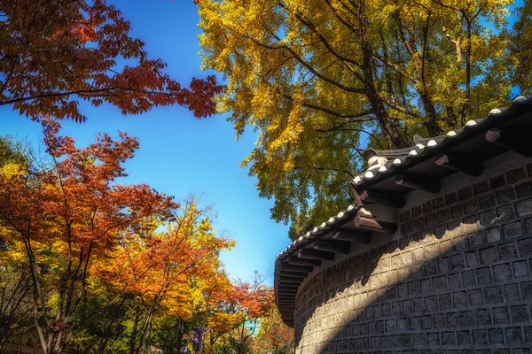 Deoksugung Doldam Gil Deoksugung Stonewall Walkway Covered Surrounded Autumn Fall — стоковое фото