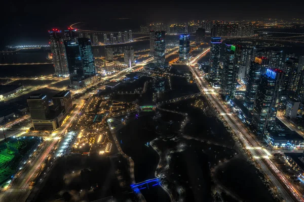 Vista Cidade Internacional Songdo Parque Central Noite Tomado Songdo Incheon — Fotografia de Stock