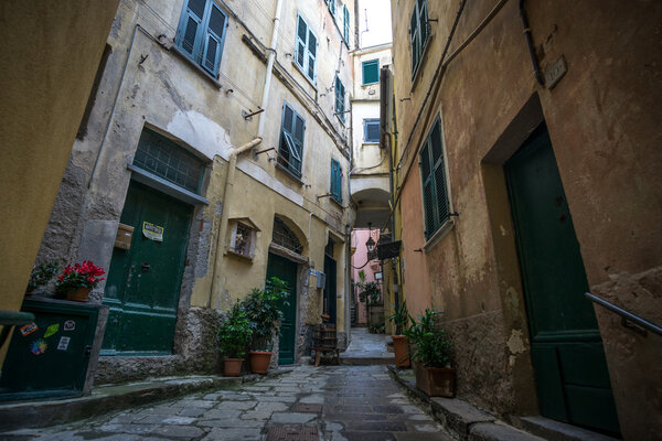 Quiet streets of Vernazza, one of five cinque terre towns, taken during winter.