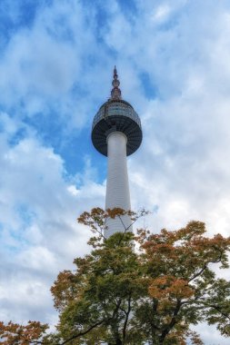 Sonbahar yaprakları mevsiminde çekilen N Seul Kulesi 'ne bakıyorum. Seul, Güney Kore 'de çekildi.