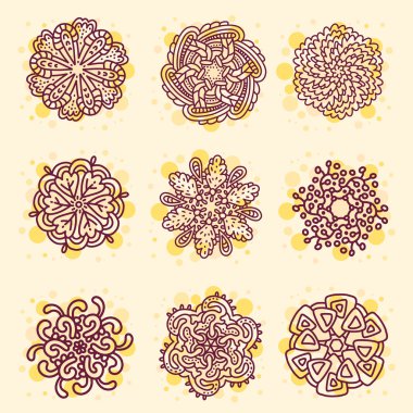 Kahverengi mandala zekâ monokrom yuvarlak set vektör illüstrasyon