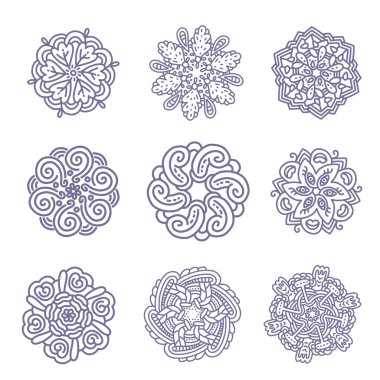 Tek renkli yuvarlak torna seti vektör illüstrasyonlu gri mandala