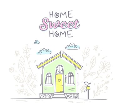 Vector illustration of cute bungalow with flowers, mail box and  clipart