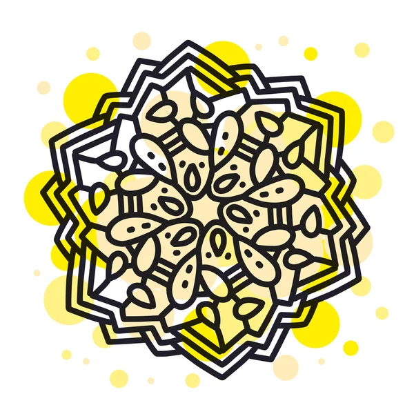 Ilustración vectorial de mandala redondo monocromo con mancha amarilla — Archivo Imágenes Vectoriales