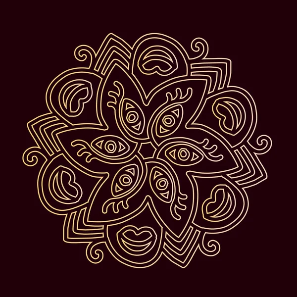 Ilustración vectorial de mandala redondo monocromo dorado sobre negro — Archivo Imágenes Vectoriales