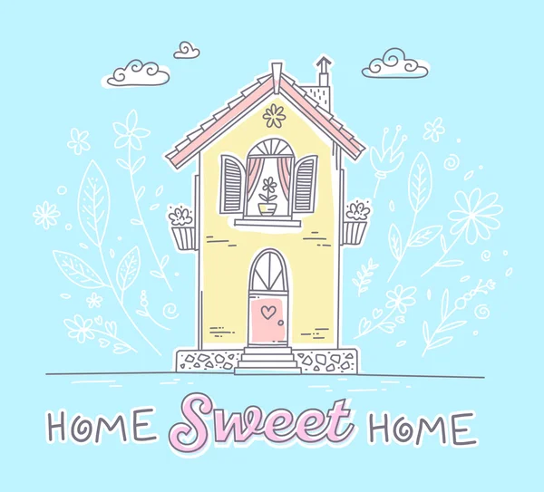 Ilustración vectorial de linda casa de campo de dos pisos con flores y — Vector de stock