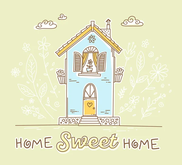 Ilustración vectorial de linda casa de campo de dos pisos con flores y — Vector de stock