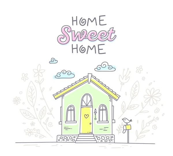 Vektorová ilustrace roztomilým bungalovu s květinami, poštovní krabička a — Stockový vektor