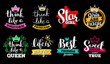 Siyah arkaplanda renk dekoratif elementi olan el yazısıyla yazılmış güzel vektör kızsı yazı seti. Kaligrafik metin ile etiket koleksiyonu. Parmak izi, tişört, çıkartma, poster, kart için el çizimi tasarımı