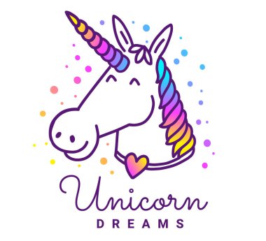 Gökkuşağı renk yelesi ve beyaz arkaplanda metni olan mutlu tek boynuzlu atın vektör çizgisi çizimi