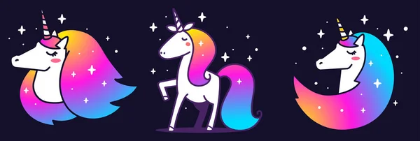 Vektor Set Ilustrasi Indah Unicorn Dengan Warna Surai Pelangi Latar - Stok Vektor