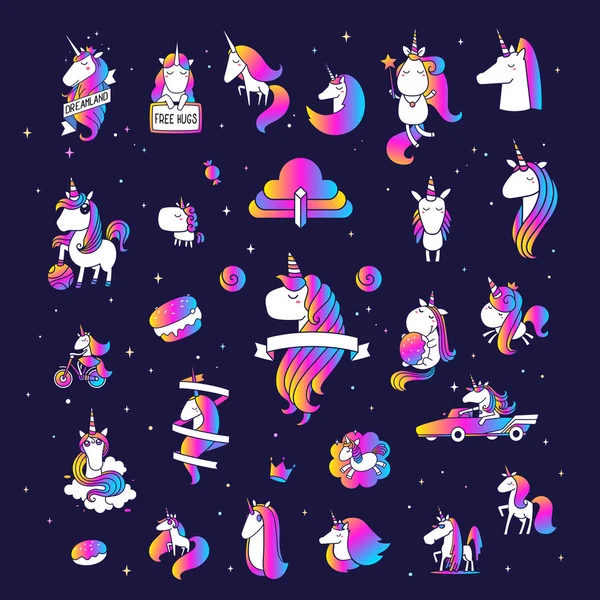 Conjunto Vectorial Ilustración Arte Línea Diferentes Unicornio Mágico Con Melena — Archivo Imágenes Vectoriales